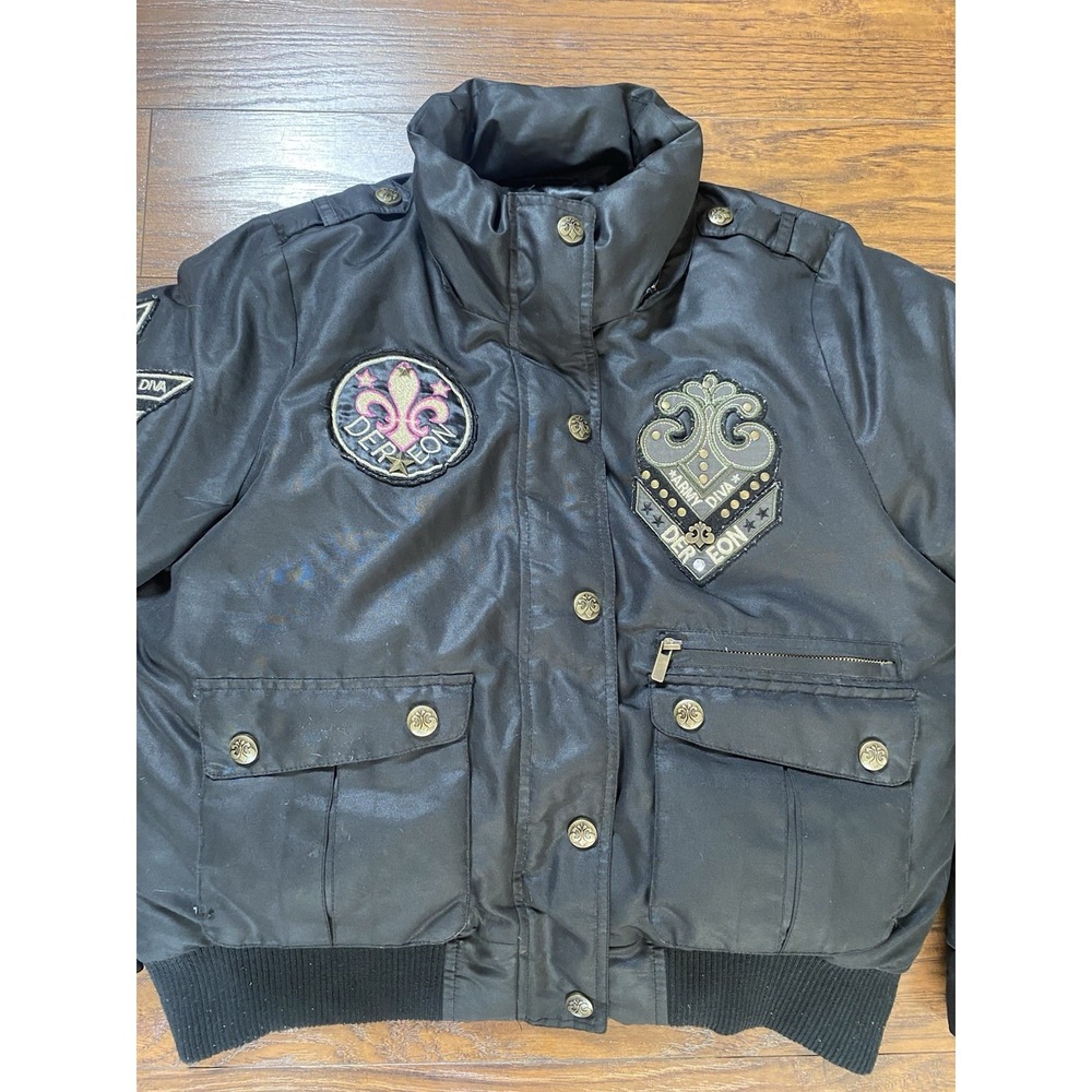 Dereon Black Quilted Puffer Bomber Jacket with Army Embroidered Patches - Picture 3 of 11